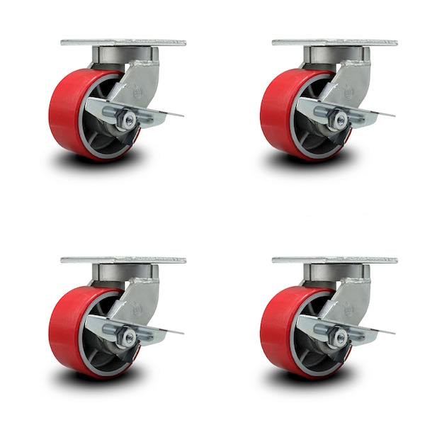 6 Inch Heavy Duty Red Poly on Cast Iron Swivel Caster Set with Brakes, 4PK